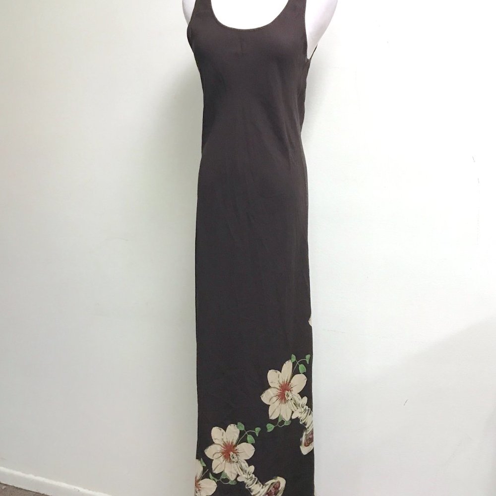 Harari brown silk floral maxi dress sleeveless USA S